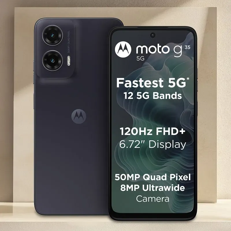 Moto G35 5G smartphone showcasing fastest 5G connectivity, 6.72-inch 120 Hz FHD+ display, and 50 MP Quad Pixel camera design.