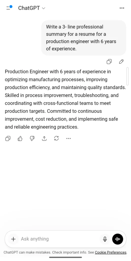 ChatGPT की मदद से professional resume summary बनाने का example