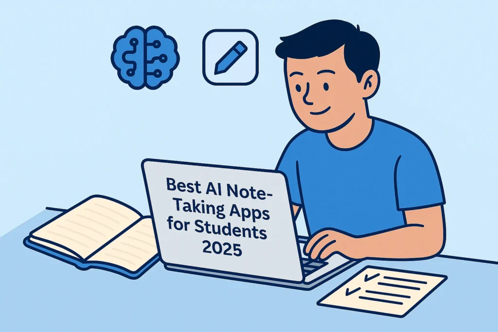 "Student using AI-powered note-taking app on laptop – Best AI Note-Taking Apps for Students 2025"
