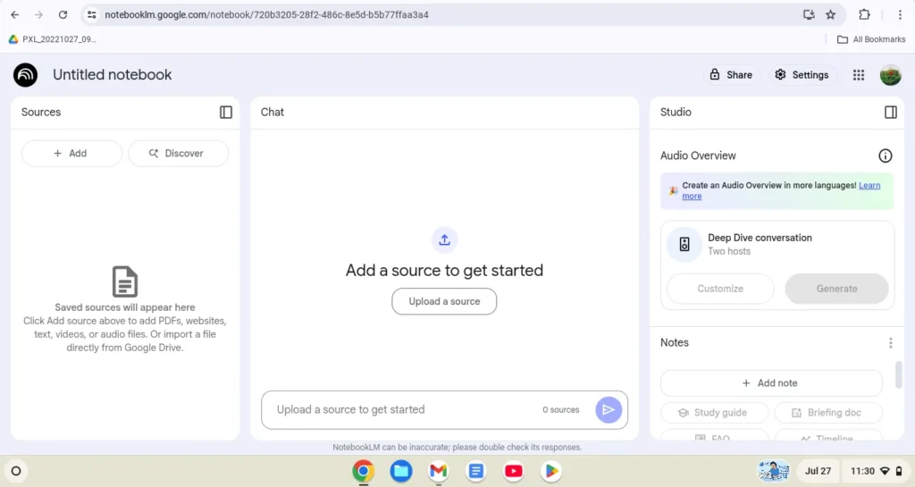 Screenshot of NotebookLM AI tool interface used for note-taking and summarizing content