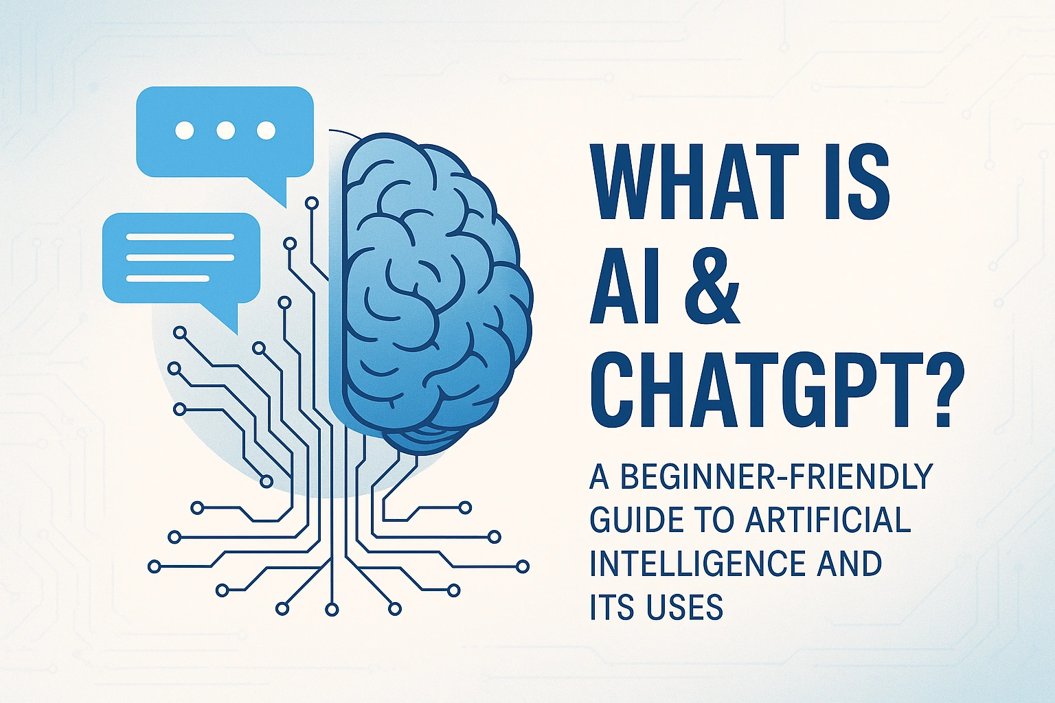 Illustration of AI concept showing a brain connected to digital circuits and chat bubbles, representing the basics of AI and ChatGPT.