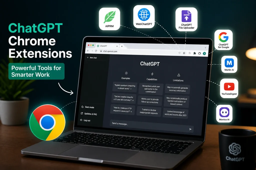 ब्राउज़र में ChatGPT Chrome Extensions का उपयोग दिखाता modern laptop mockup image