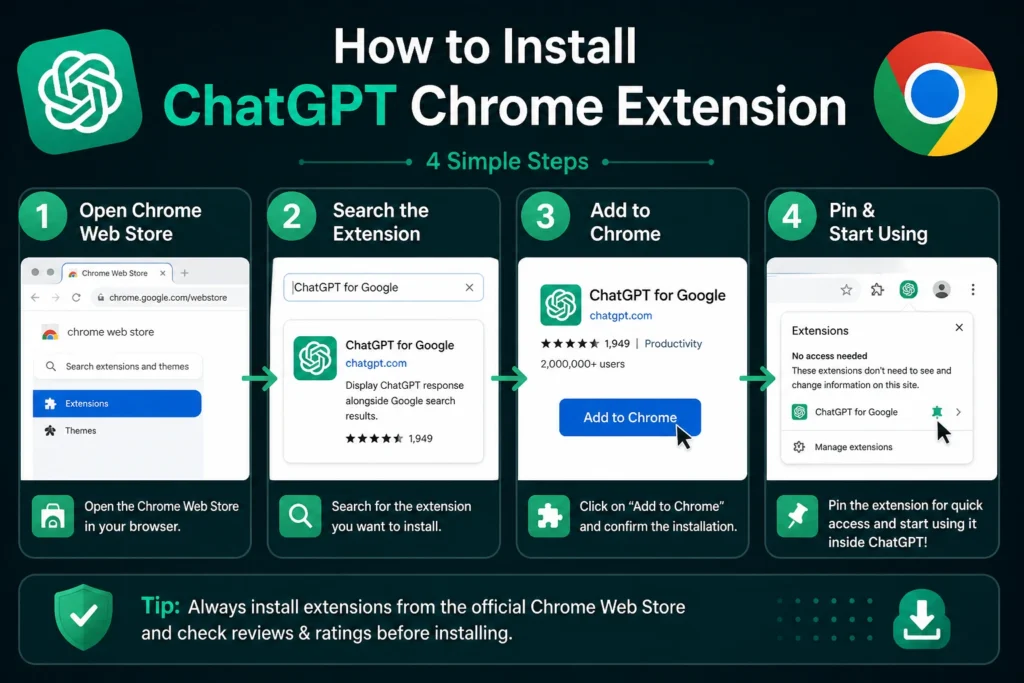 ChatGPT Chrome Extension को Chrome Web Store से install करने के 4 आसान steps