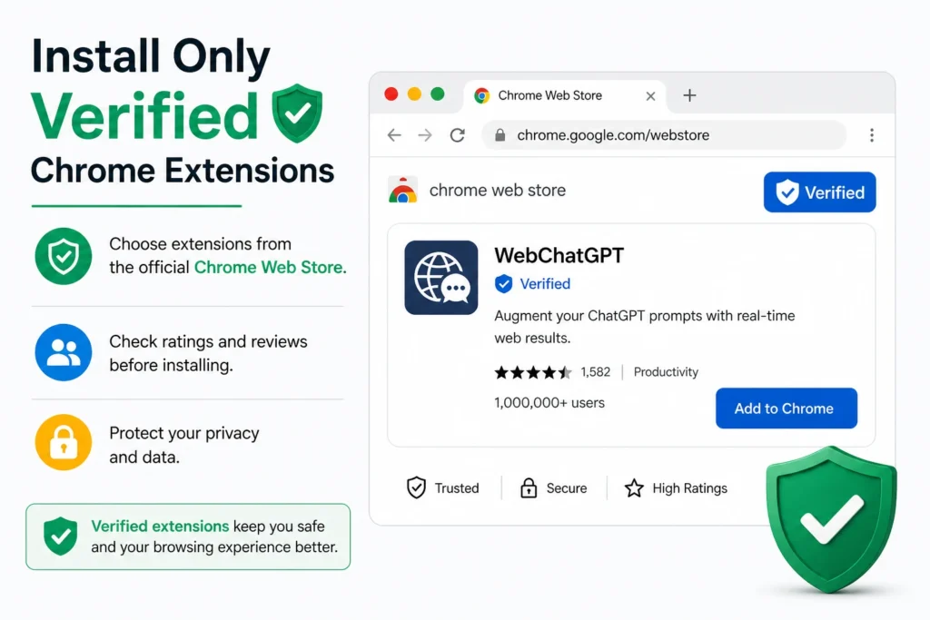 केवल verified Chrome Web Store extensions install करने की security awareness image