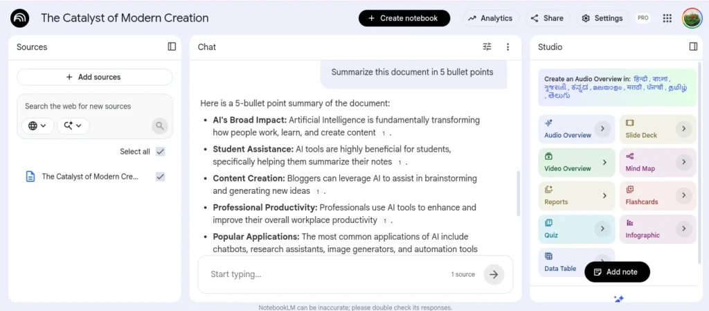 NotebookLM generating a 5-bullet-point summary from an uploaded document using AI-powered document analysis.