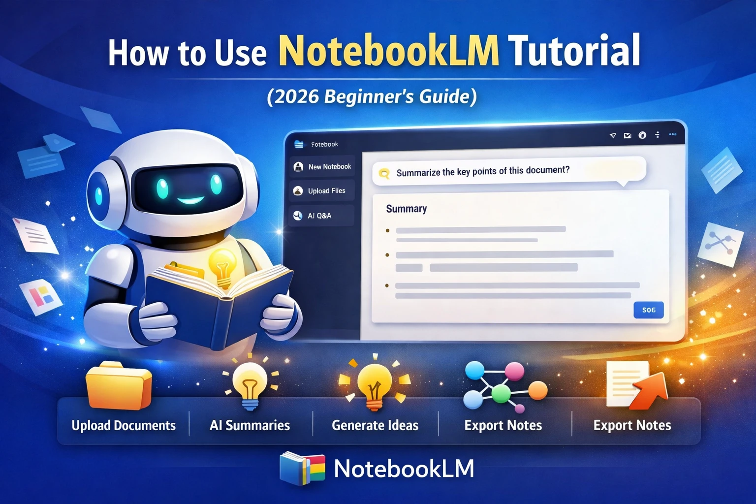 How to use NotebookLM tutorial interface showing AI summaries and document upload features
