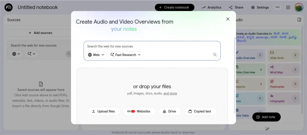 NotebookLM Add Sources screen showing options to upload PDFs, websites, Google Drive files, images, audio files, and copied text.