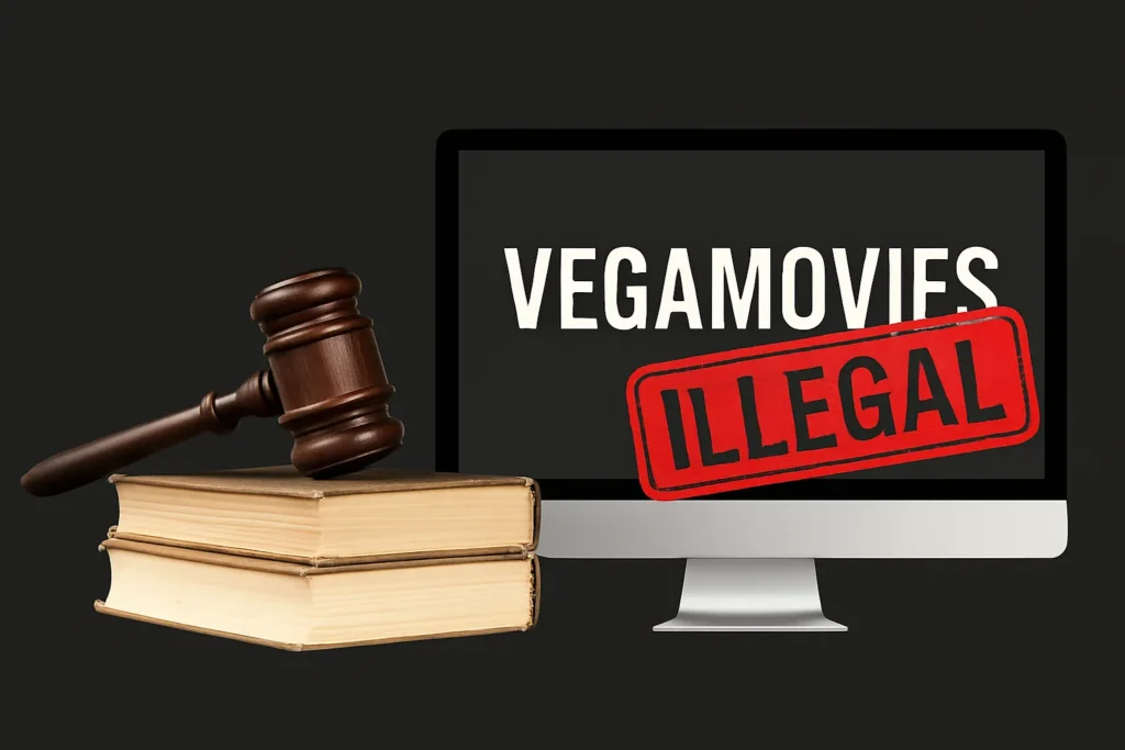 VegaMovies वेबसाइट से जुड़ी साइबर सुरक्षा चेतावनी को दर्शाता हुआ ग्राफिक