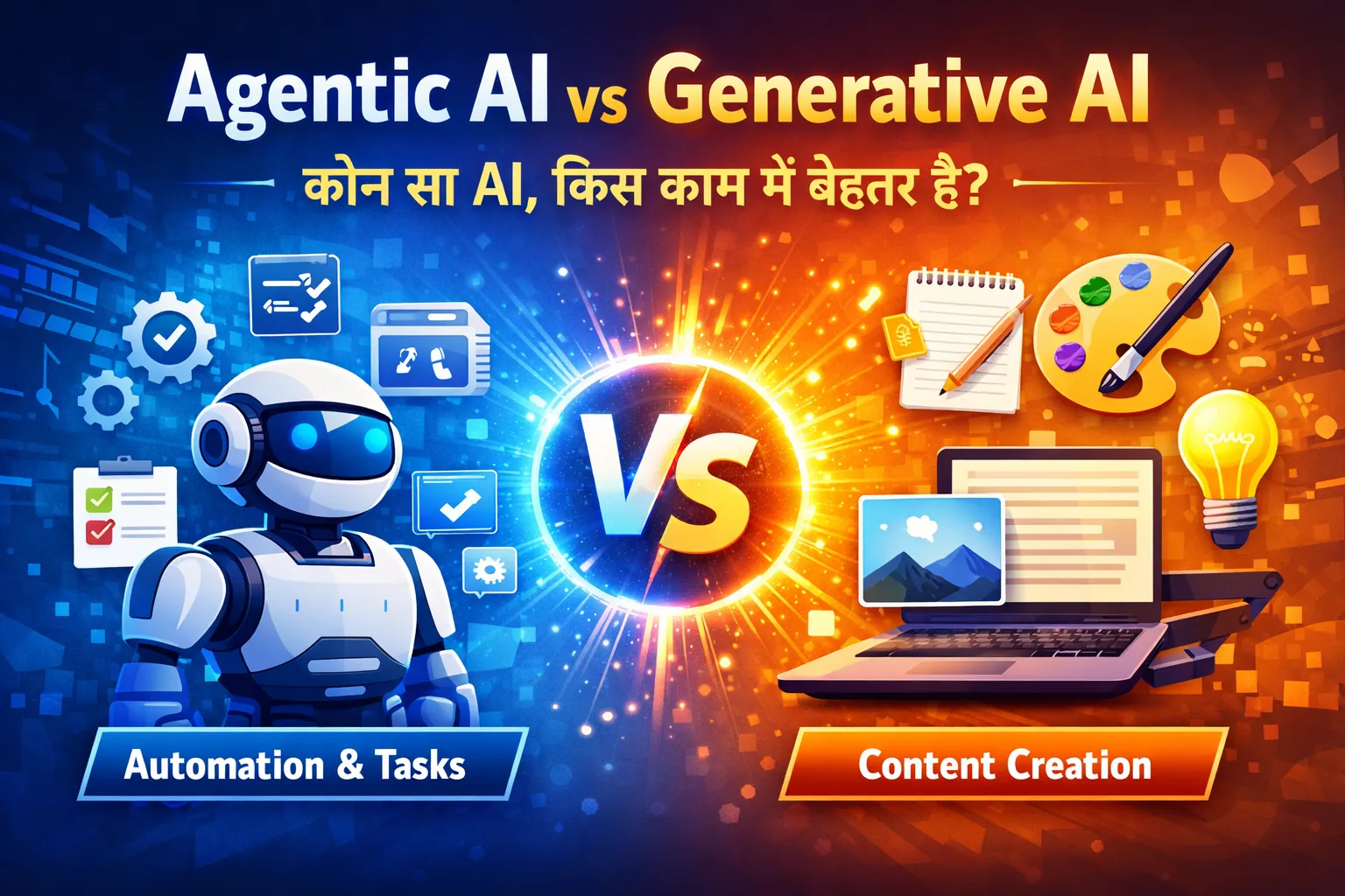 Agentic AI vs Generative AI – automation और content creation का visual comparison