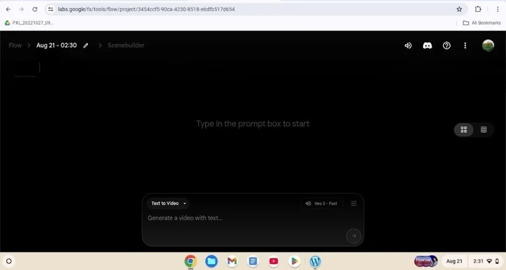 Google Flow AI in Hindi Dashboard – ToolPilgrim tutorial में content creation शुरू करने का main workspace।