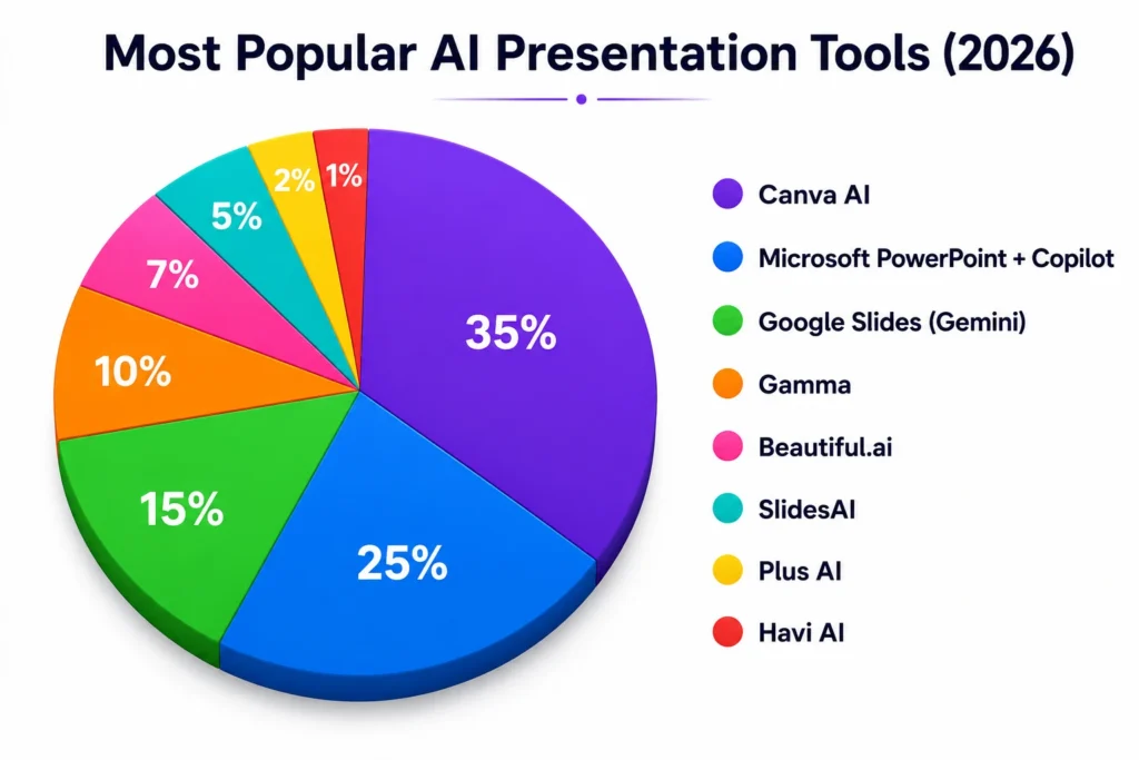 2026 में सबसे लोकप्रिय AI Presentation Tools का पाई चार्ट, जिसमें Canva AI, Microsoft PowerPoint Copilot, Google Slides, Gamma, Beautiful.ai, SlidesAI, Plus AI और Havi AI की लोकप्रियता दिखाई गई है।
