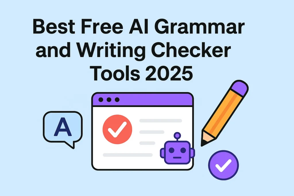 Illustration for Best Free AI Grammar and Writing Checker Tools 2025 featuring pencil, robot, browser window, and tick mark icons