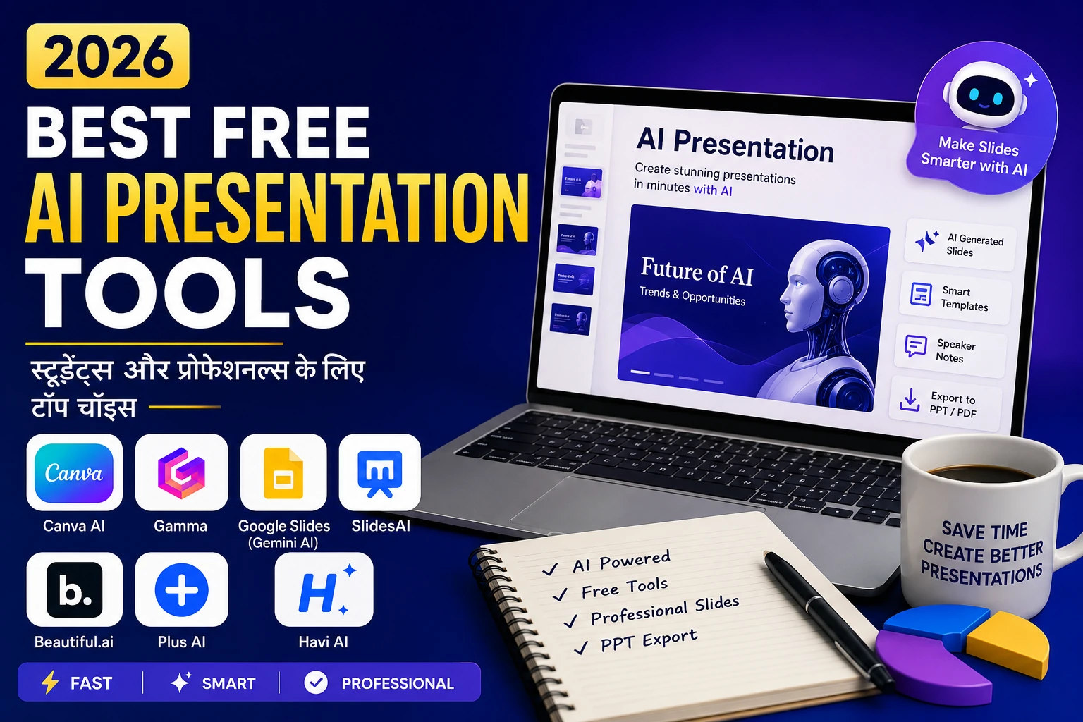2026 के सबसे बेहतरीन फ्री AI Presentation Tools जैसे Canva AI, Gamma, Google Slides, SlidesAI, Beautiful.ai, Plus AI और Havi AI का तुलना ग्राफिक।