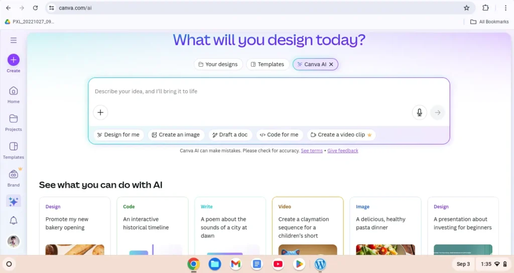 Canva AI dashboard with design, image, document, and video creation options using artificial intelligence.