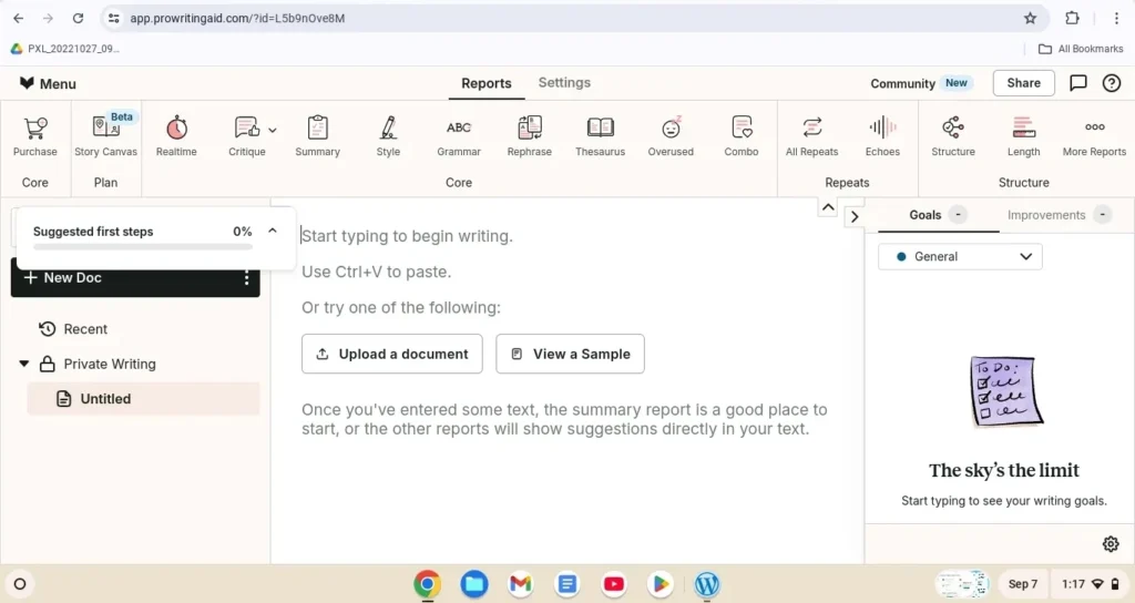 Best Free AI Grammar and Writing Checker Tools 2025 - ProWritingAid editor interface displaying options for grammar, style, rephrase, thesaurus, and writing reports with a new document open.