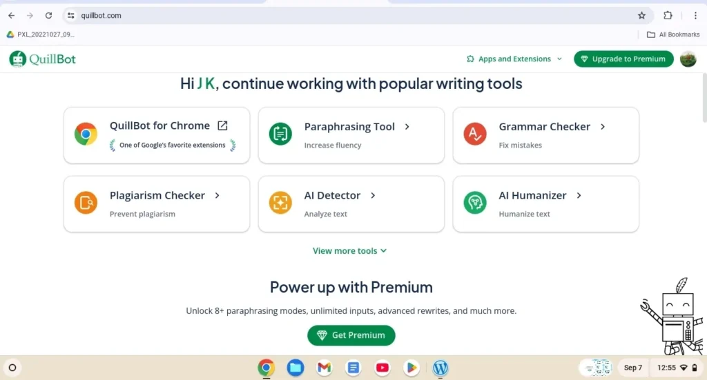 Best Free AI Grammar and Writing Checker Tools 2025 - QuillBot homepage with writing tools including paraphrasing tool, grammar checker, plagiarism checker, AI detector, and AI humanizer.