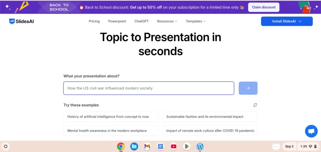 SlidesAI homepage showing topic to presentation in seconds feature with input box and example topics.