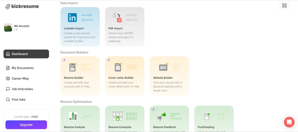 kickerresume builder dashboard with options like create new resume, resume analysis, sample library, proofreading.