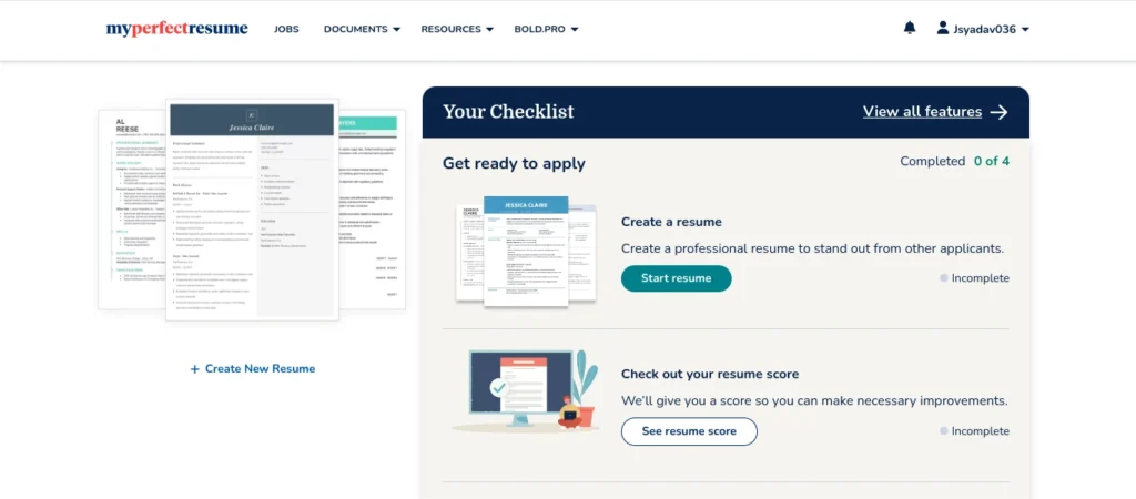 MyPerfectResume dashboard showing resume templates, checklist to create resume, and resume score option.