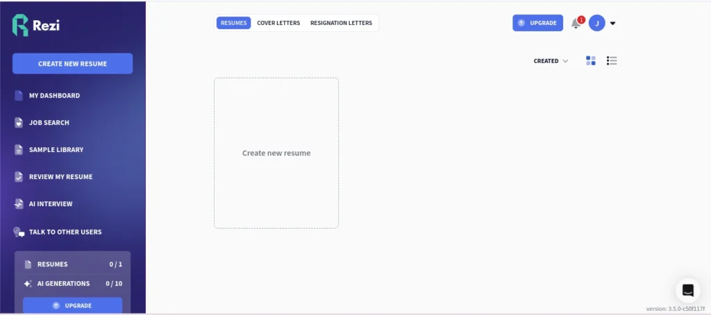 Rezi resume builder dashboard with options like create new resume, job search, sample library, AI interview, and resume review.