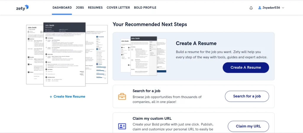 Zety resume builder dashboard with options to create resume, search for a job, and claim custom profile URL.