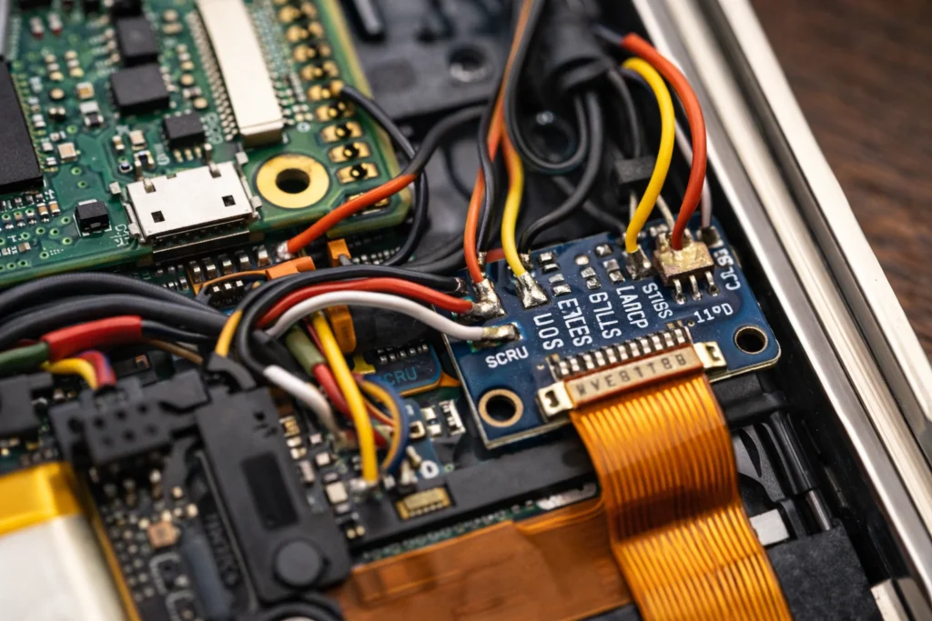Clickwheel wiring detail showing breakout board connected to Raspberry Pi GPIO for turn iPod into Spotify player DIY mod