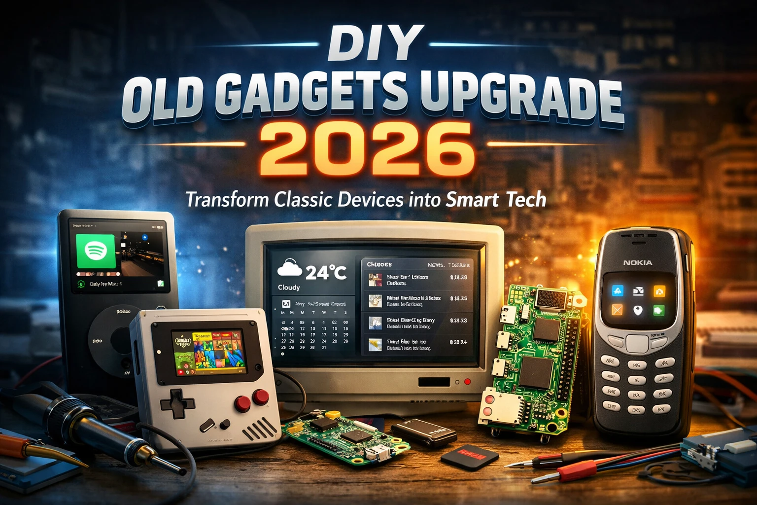 DIY Old Gadgets Upgrade 2026 ideas including iPod mod, retro console emulator, smart display and IoT phone projects