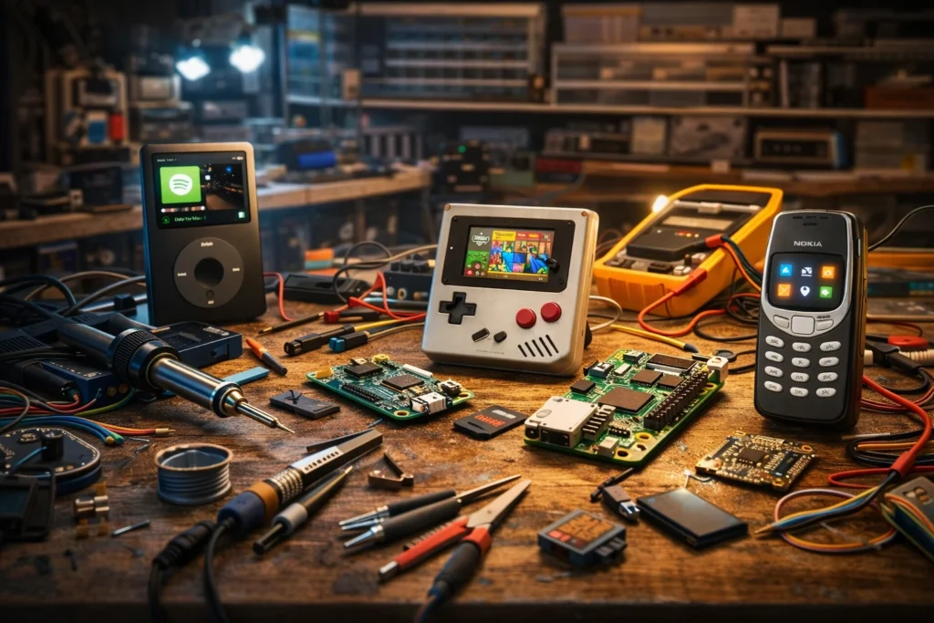 DIY electronics workspace with soldering tools Raspberry Pi and retro gadgets for upgrade projects