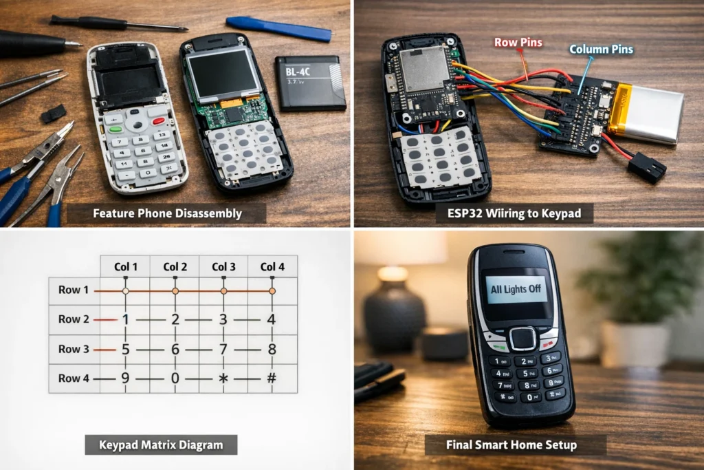 Feature Phone IoT Controller DIY process showing phone disassembly ESP32 wiring keypad matrix diagram and final smart home remote setup