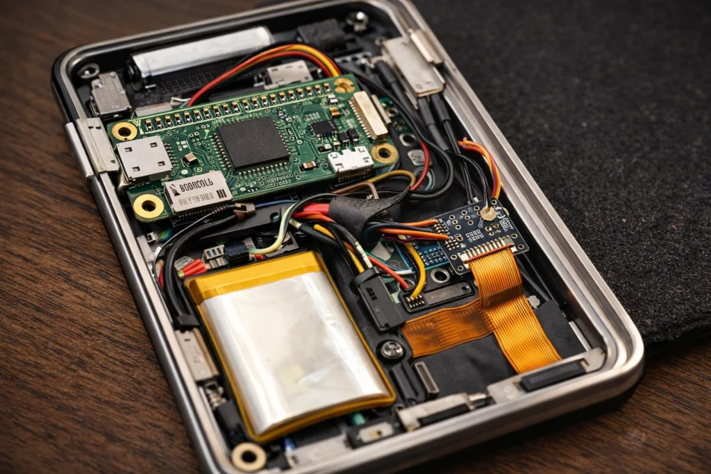 Internal hardware setup inside iPod Classic with Raspberry Pi Zero 2 W and LiPo battery for Spotify streaming upgrade
