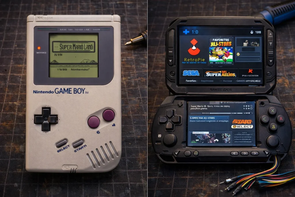 Old Game Boy vs DIY retro gaming emulator console comparison