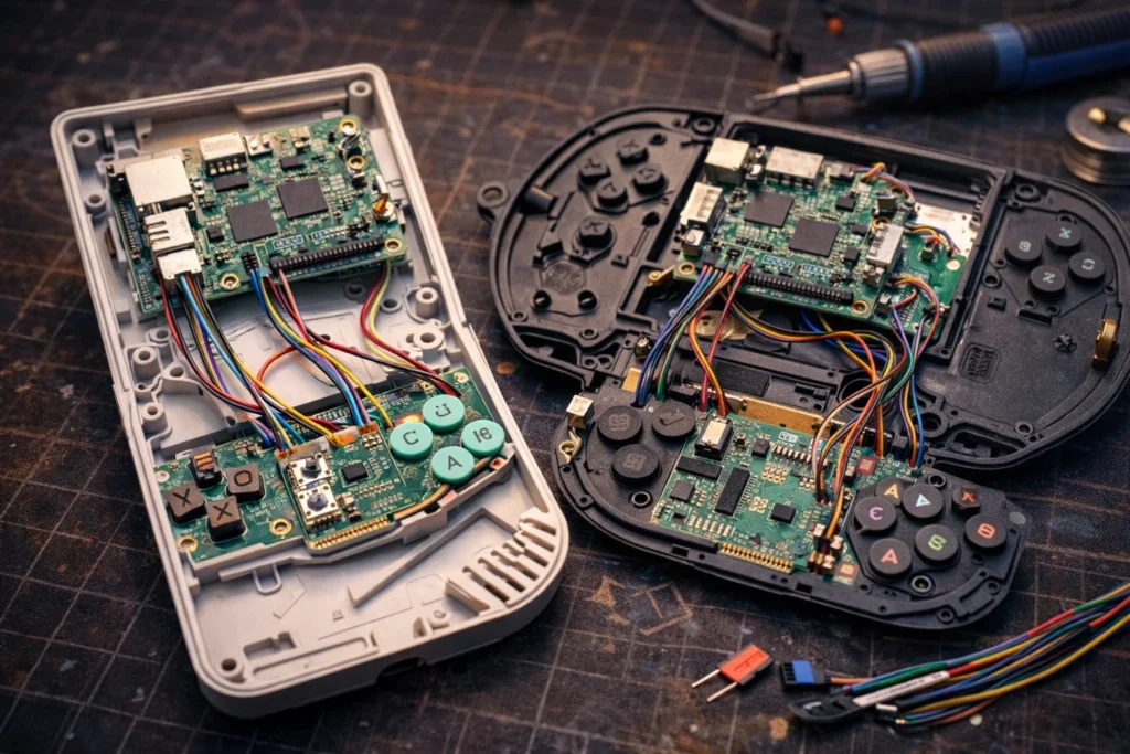 DIY retro gaming console internal wiring Raspberry Pi GPIO button connections