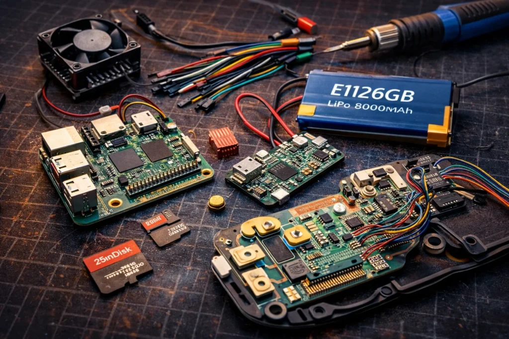 Retro gaming emulator hardware components Raspberry Pi battery cooling fan and microSD