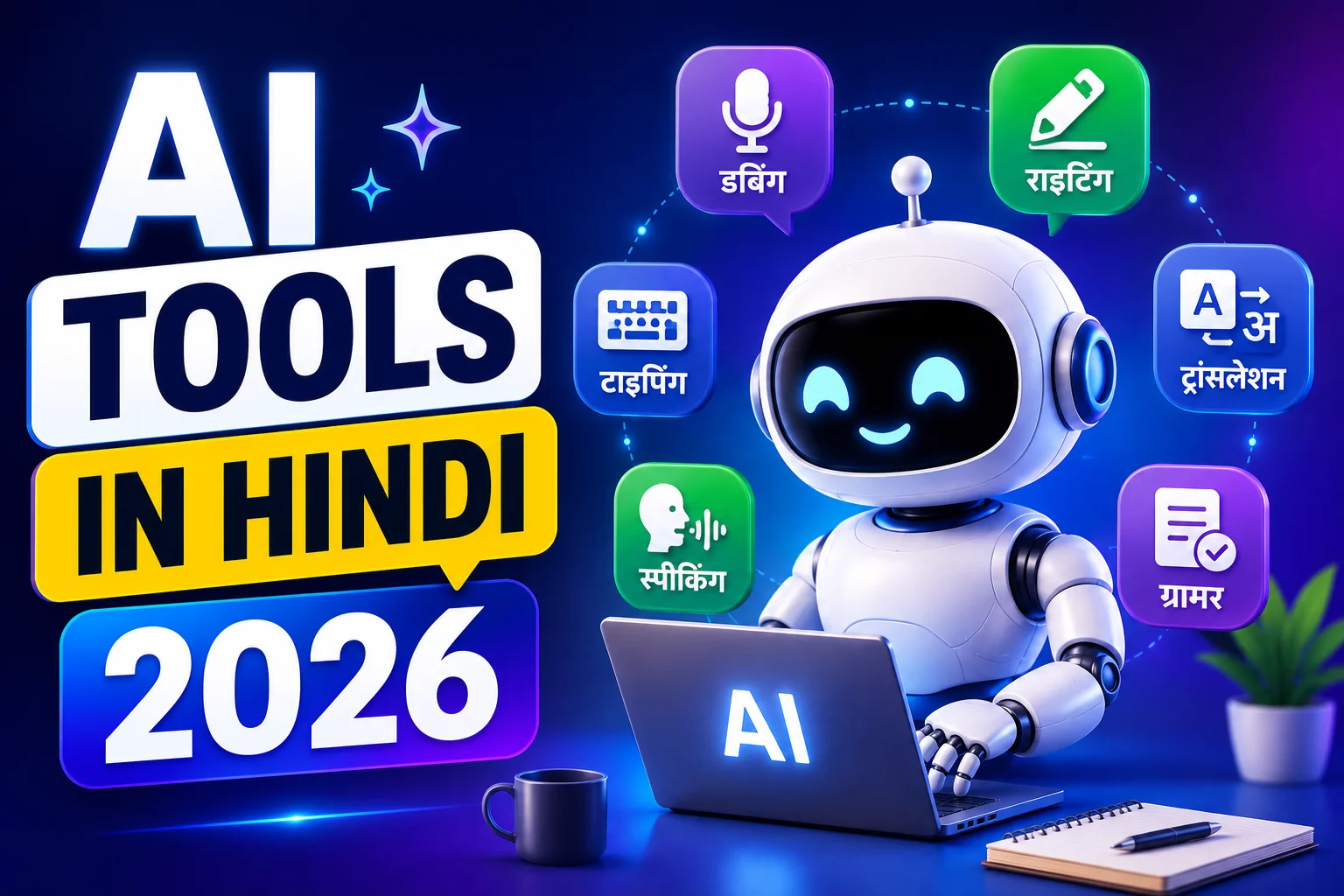 AI Tools in Hindi 2026 फीचर इमेज जिसमें हिंदी टाइपिंग, राइटिंग, ट्रांसलेशन, डबिंग और ग्रामर AI टूल्स दिखाए गए हैं।