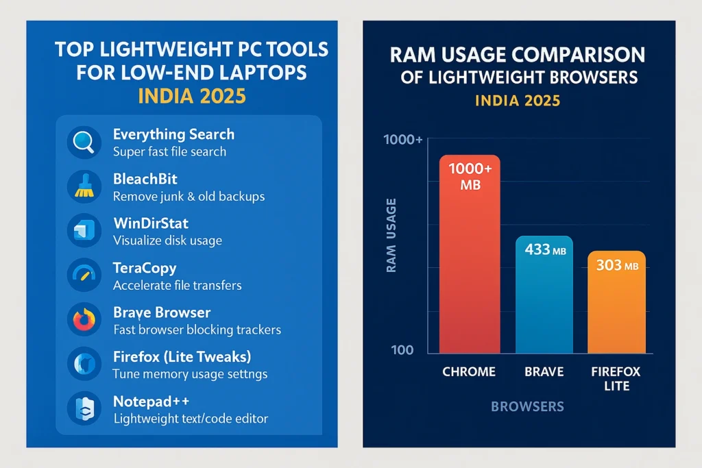 Infographic showing best lightweight PC tools for low-end laptops India 2025 and RAM usage comparison of lightweight browsers.