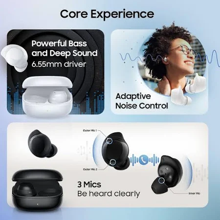 Samsung earbuds features including 3-mic system and adaptive noise control.