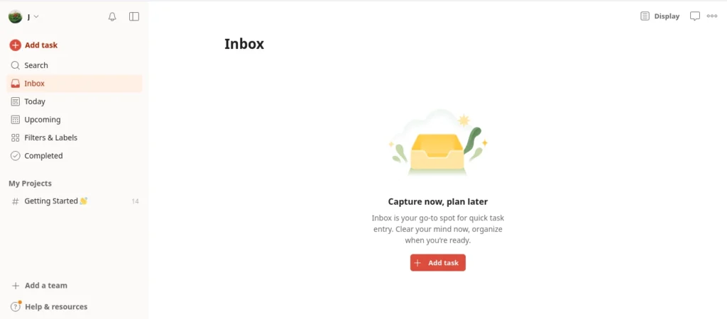 Todoist Inbox dashboard showing task management interface with add task button and project list.