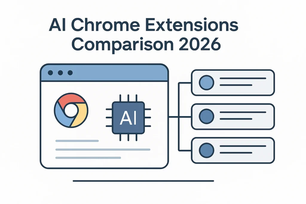 AI Chrome Extensions Comparison 2026 graphic showing Chrome and AI chip illustration