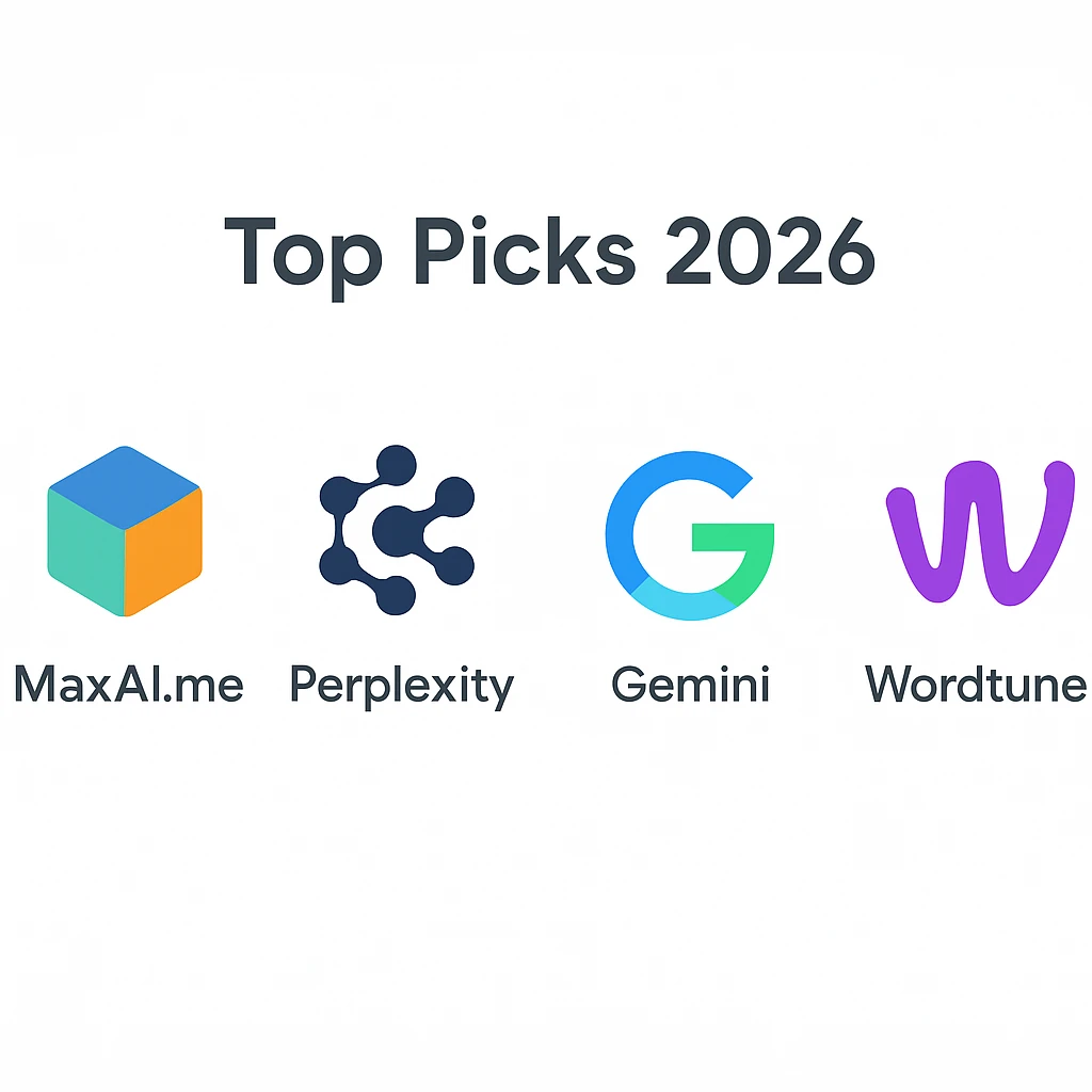 Top Picks 2026 showing MaxAI.me, Perplexity, Gemini and Wordtune icons