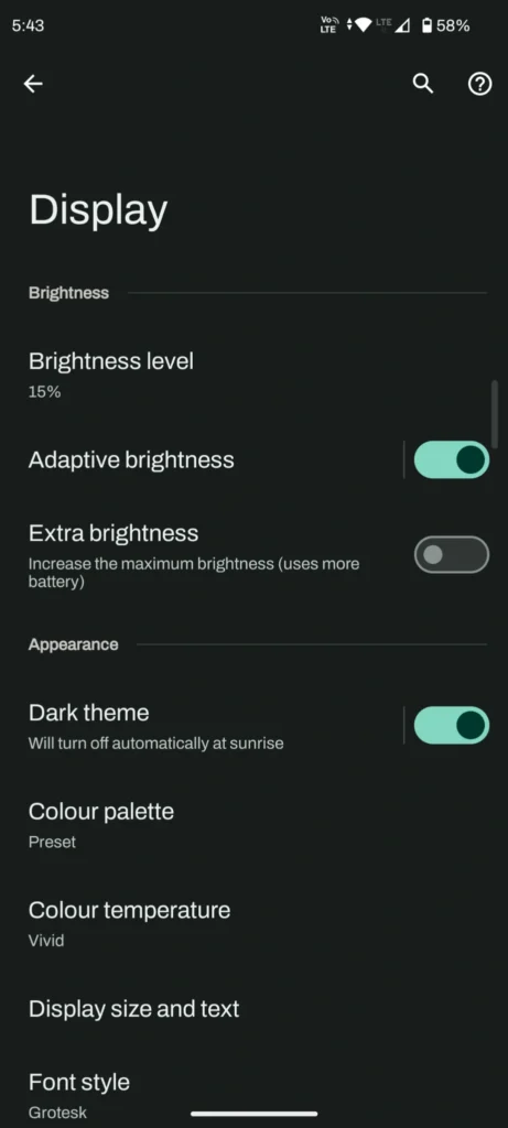 android display settings adaptive brightness dark mode battery saving