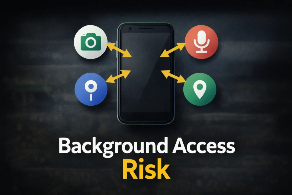 Android App Permissions के कारण होने वाला Background Access Risk दिखाती हुई इमेज, जिसमें Camera, Microphone और Location data का flow समझाया गया है।
