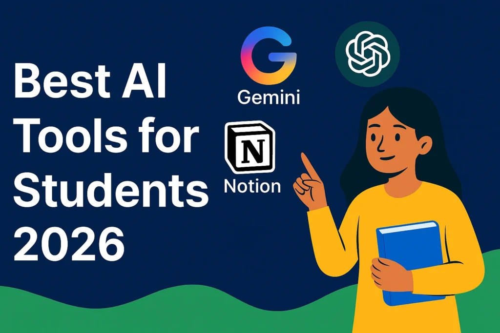 छात्रा AI टूल्स की ओर इशारा करते हुए — Best AI Tools for Students 2026 का ग्राफिक डिजाइन