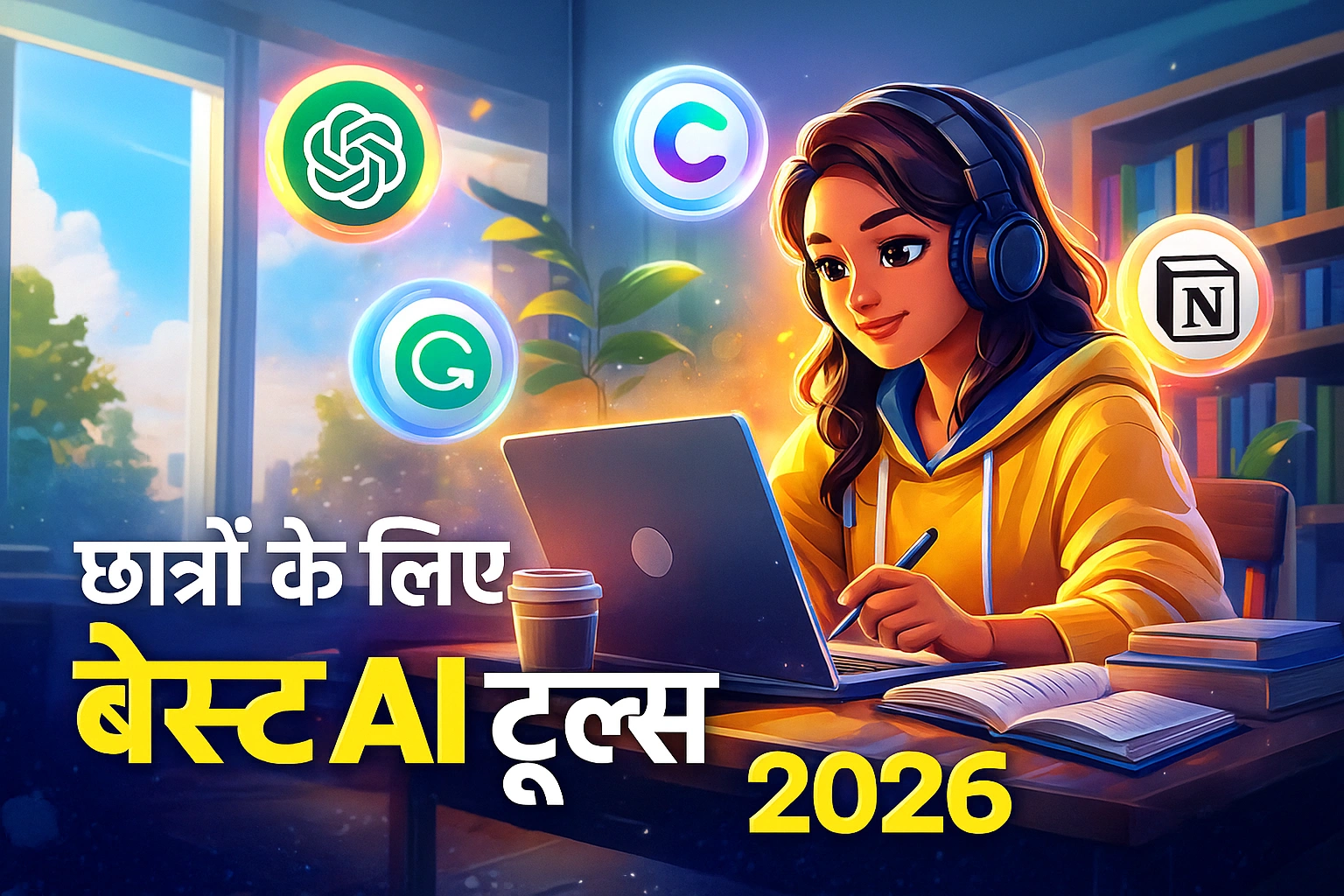 छात्रा लैपटॉप पर पढ़ते हुए — Best AI Tools for Students 2026 हिंदी गाइड