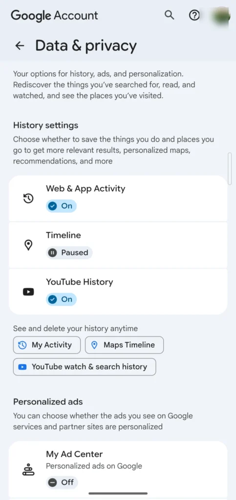 Google Account Data & Privacy settings screen showing Web & App Activity, Location Timeline and YouTube History options
