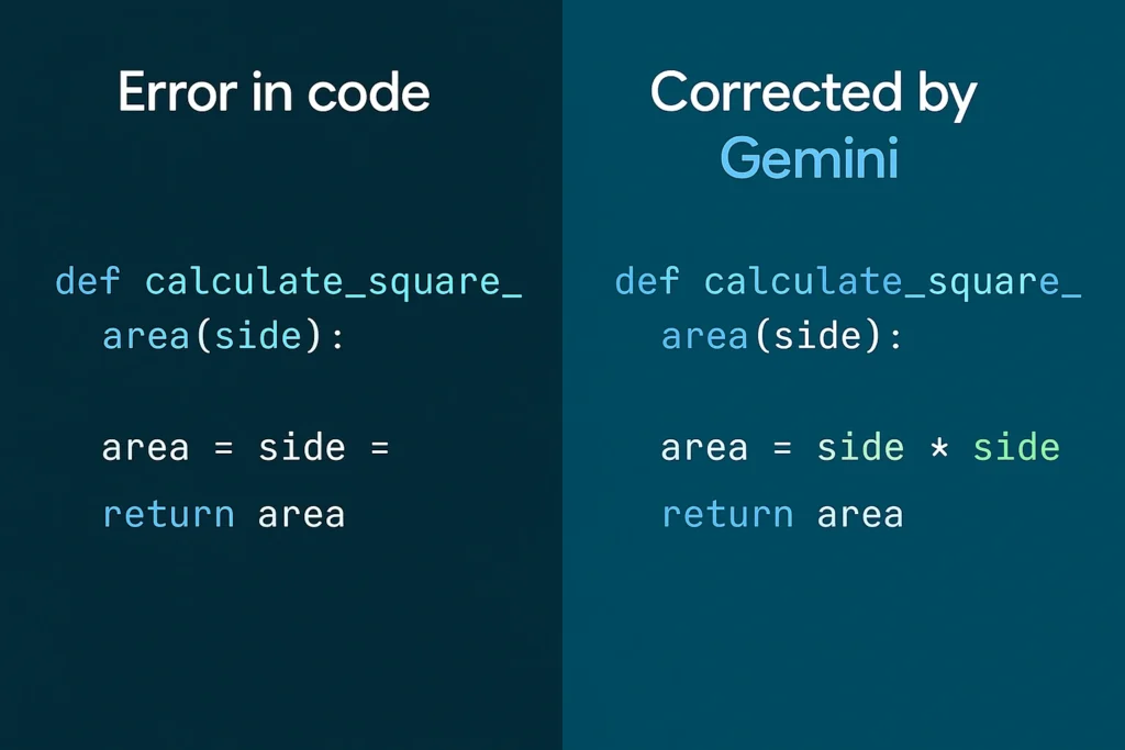 Google Gemini 3.0 द्वारा कोड की गलती ठीक करने का उदाहरण – error vs corrected code comparison image.