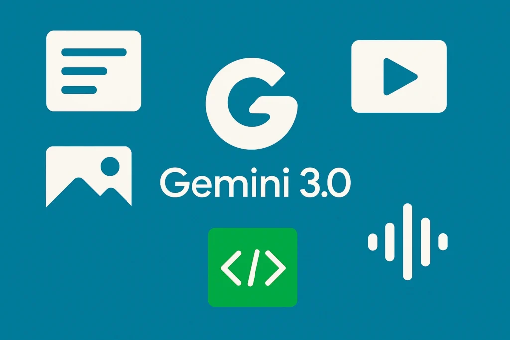 Google Gemini 3.0 multimodal features – text, image, audio, video और code icons के साथ एक simple graphic.