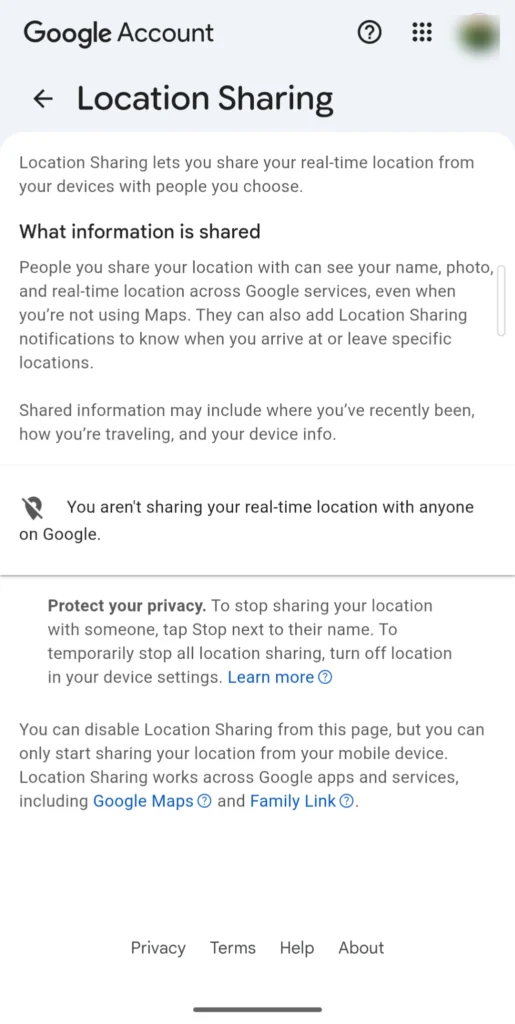 Google Account Location Sharing settings page showing real-time location sharing information