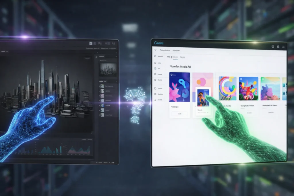Adobe vs Canva AI interface comparison showing professional and template-based workflows