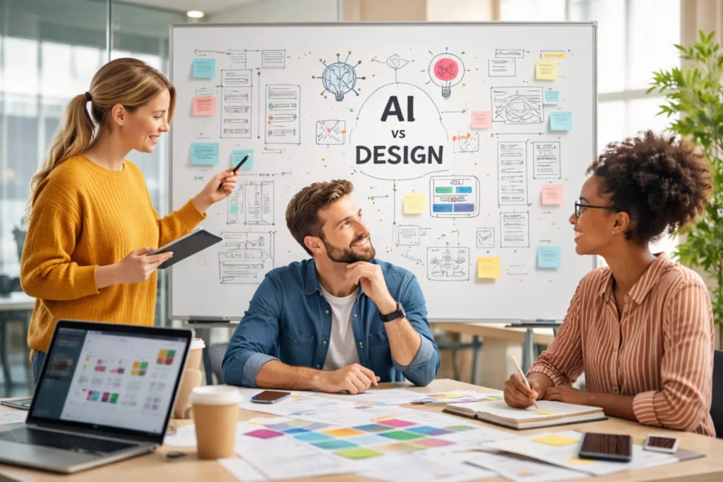 Design team discussing AI versus human creativity in modern workflows