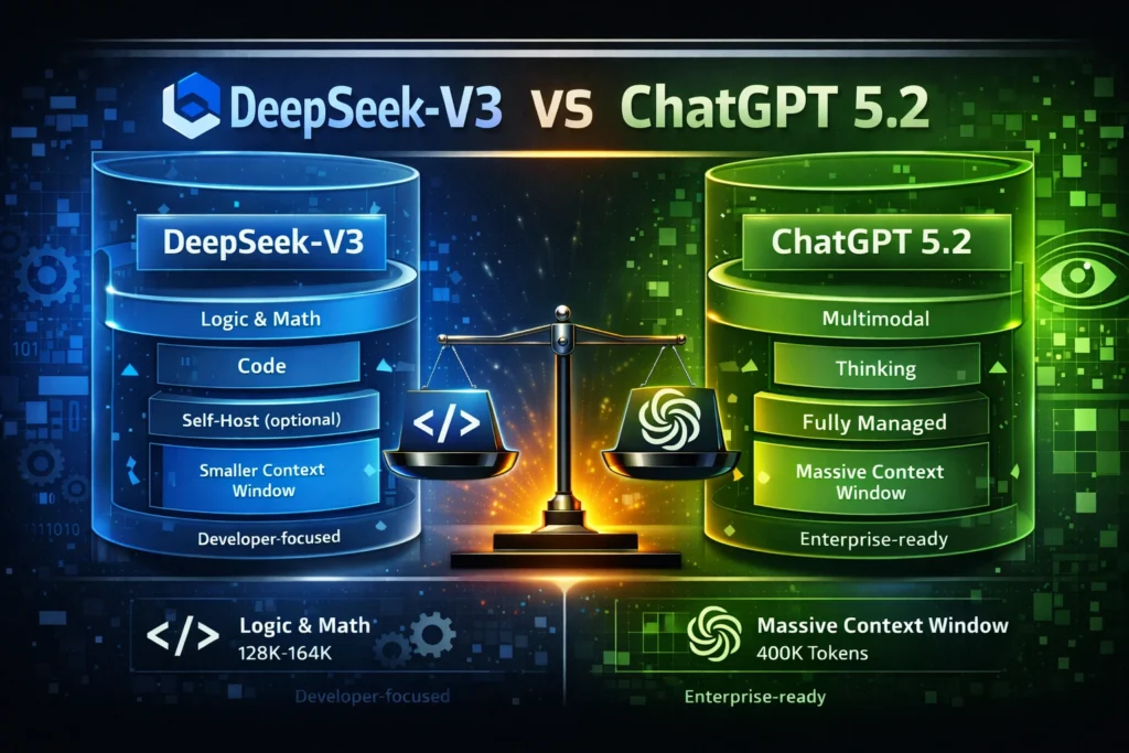 DeepSeek-V3 और ChatGPT 5.2 की architecture तुलना, जिसमें logic, coding focus और context window का अंतर दिखाया गया है